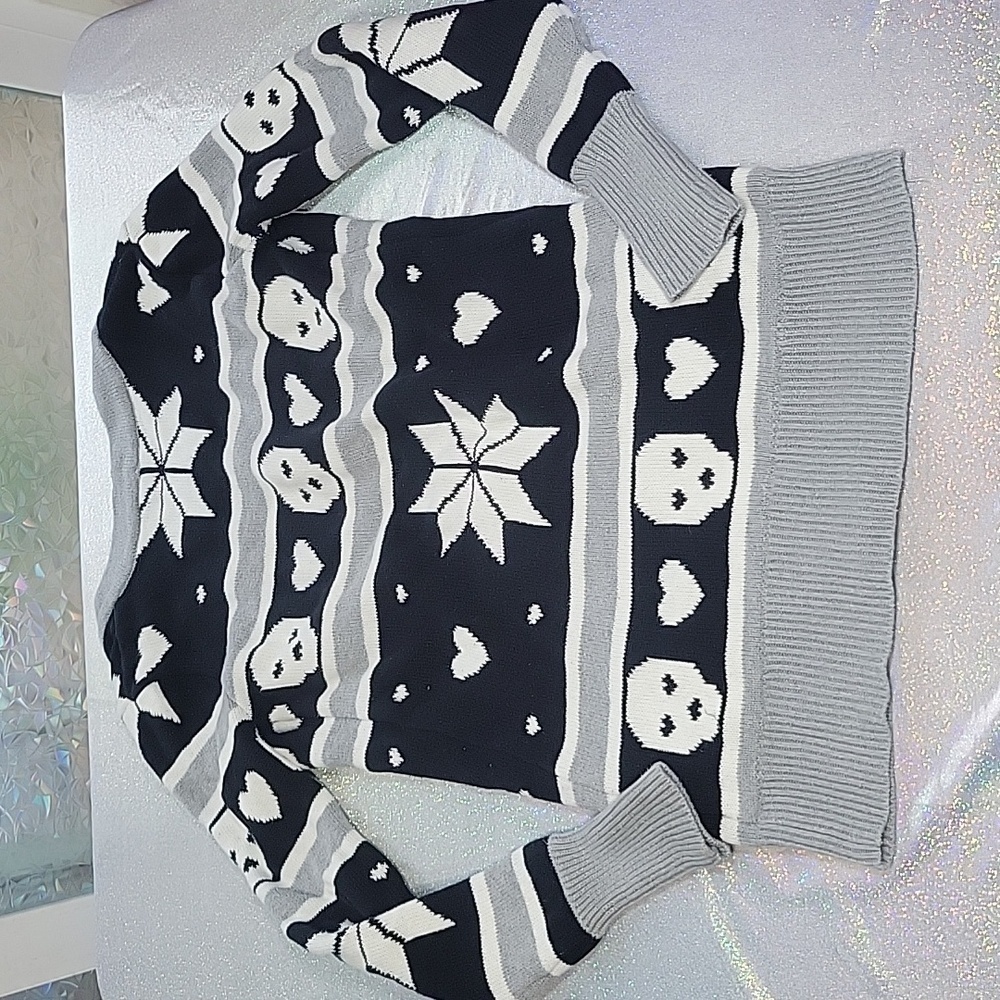 RARE Vintage Holiday Cardigan Knit Skull Snowflake Sweater Button Up SZ:XS - Picture 12 of 13